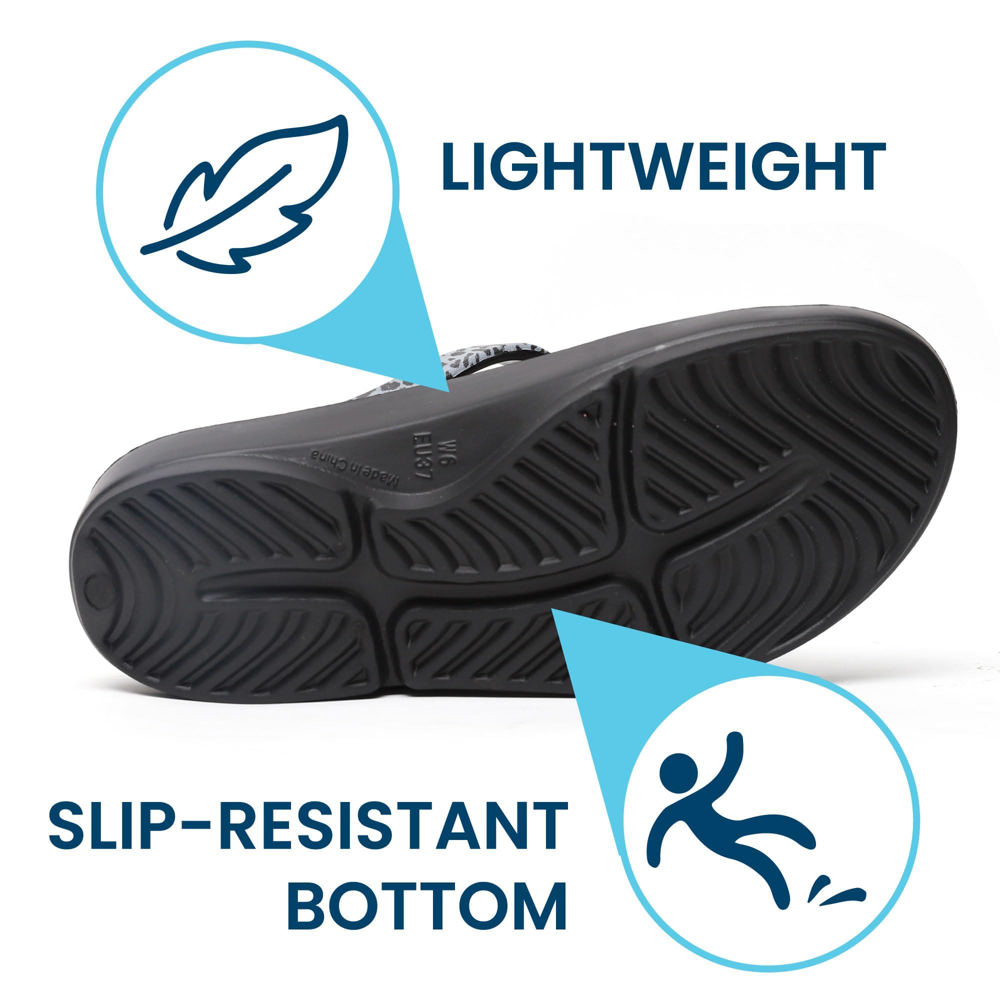 HUHV recovery sandals offer impact absorption to protect joints in white leopard