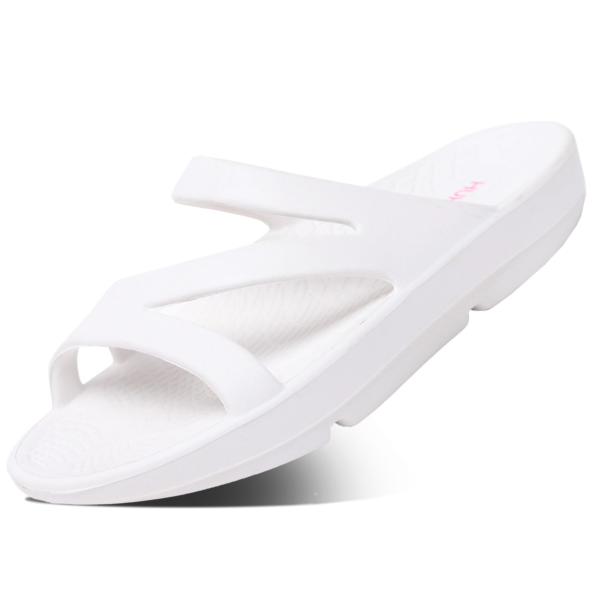 HUHV Z Strap recovery slide white—top view highlighting arch support for all-day comfort.