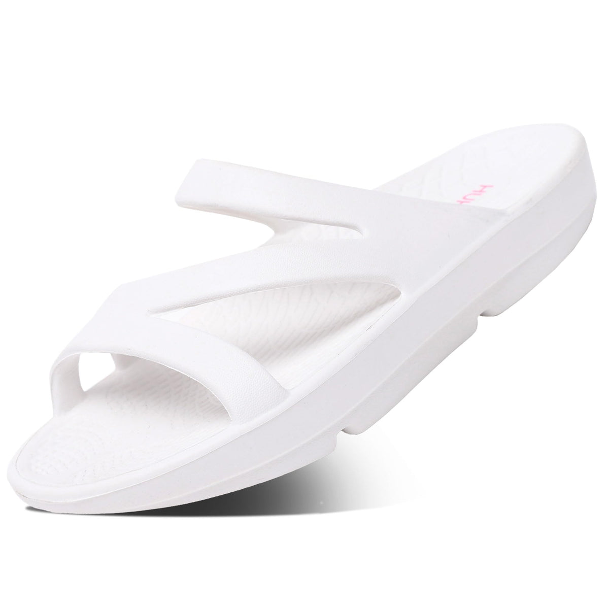 HUHV Z Strap recovery slide white—top view highlighting arch support for all-day comfort.