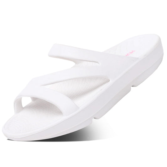 HUHV Z Strap recovery slide white—top view highlighting arch support for all-day comfort.
