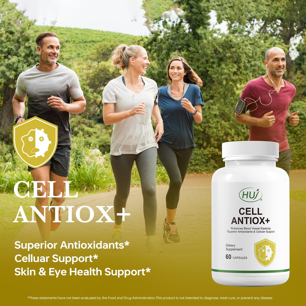 HUJ Cell Antiox+ capsules close-up highlighting high potency antioxidant blend.