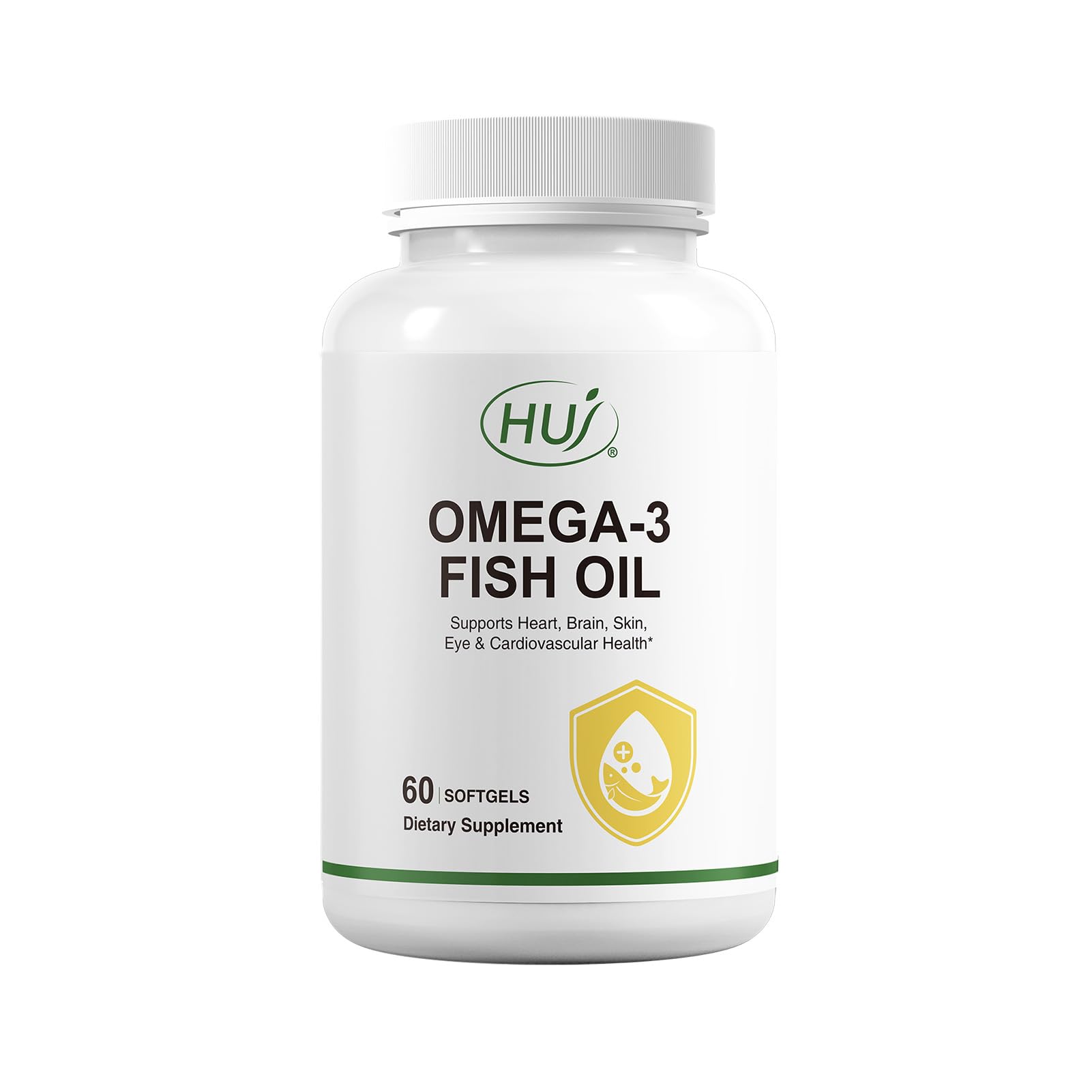 HUJ Omega-3 fish oil 1000mg softgels bottle may support heart and brain wellness.