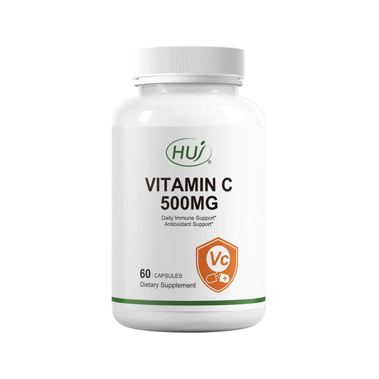 HUJ Vitamin C 500mg bottle front showing branding for daily immune support.