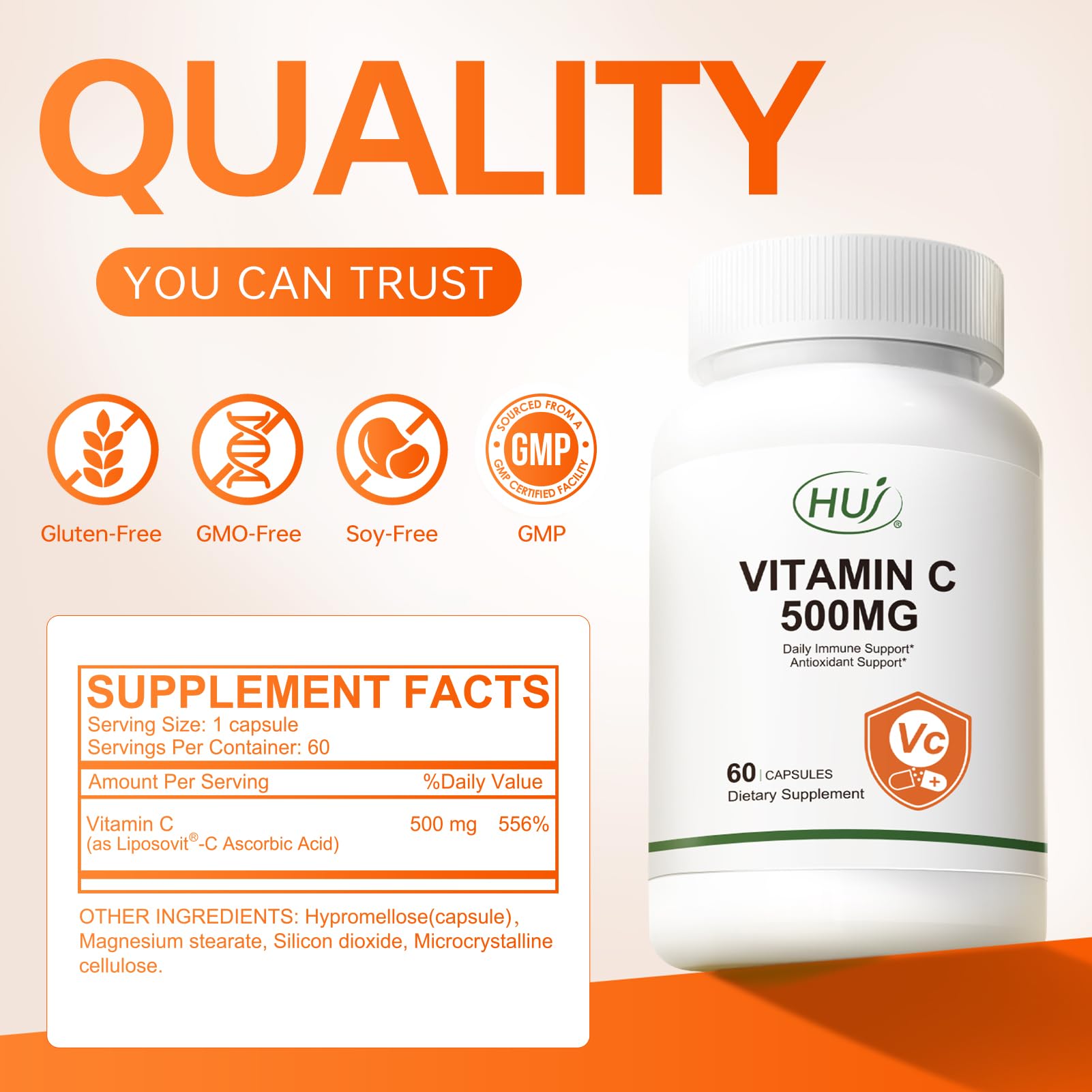 HUJ Vitamin C 500mg bottle pour showing on-the-go capsule portability.