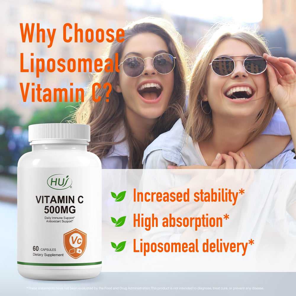 HUJ Vitamin C 500mg capsules closeup emphasizing easy-to-swallow daily capsules.