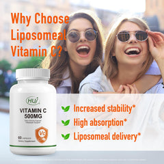 HUJ Vitamin C 500mg capsules closeup emphasizing easy-to-swallow daily capsules.