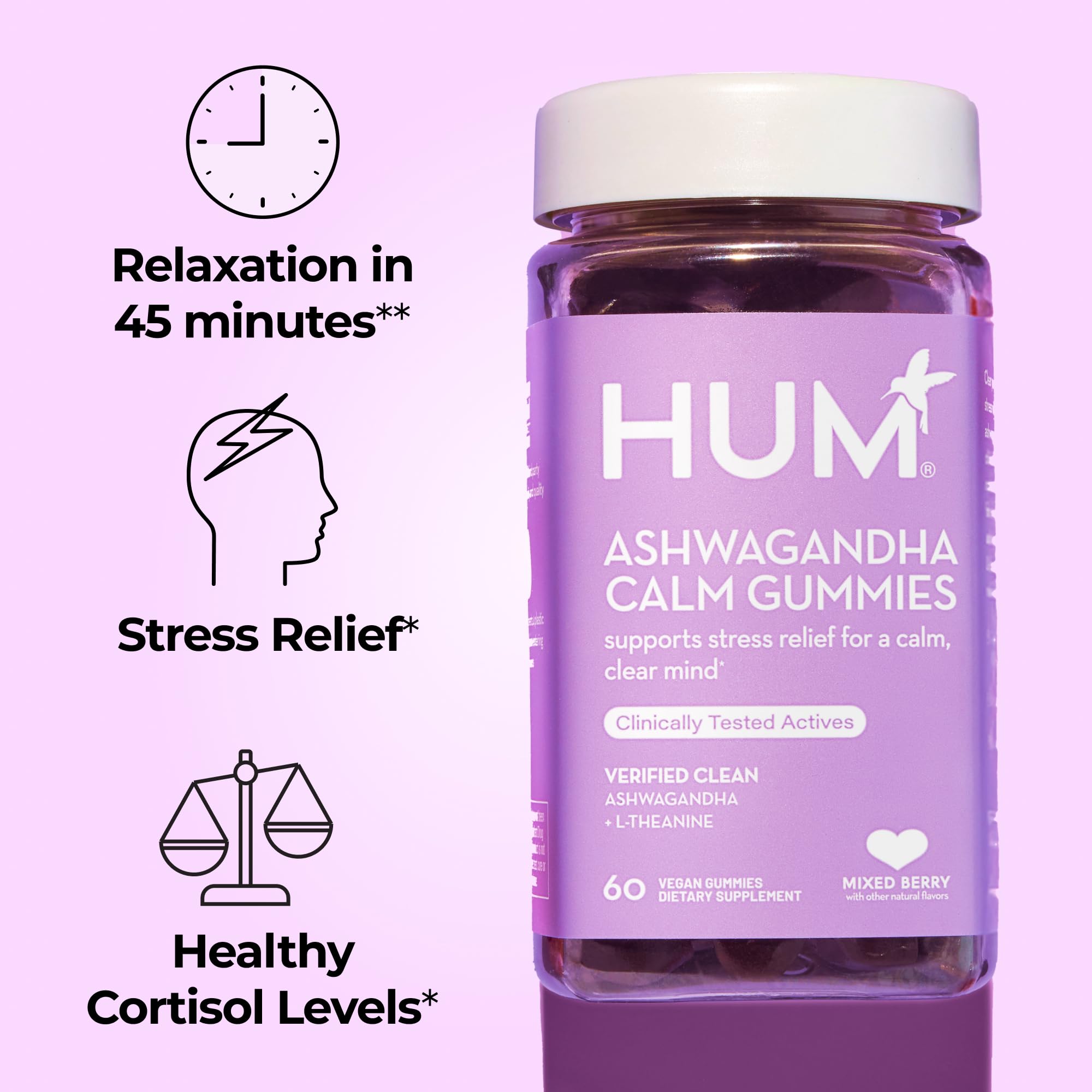 HUM Calm gummies pour showing easy daily dosage for calm focus.