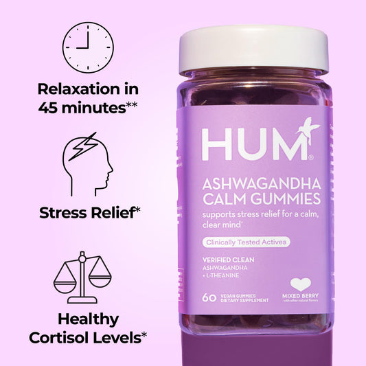 HUM Calm gummies pour showing easy daily dosage for calm focus.