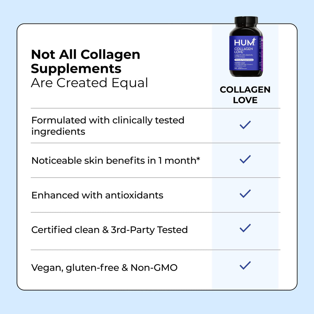 Wooden surface product shot of HUM Collagen Love Skin