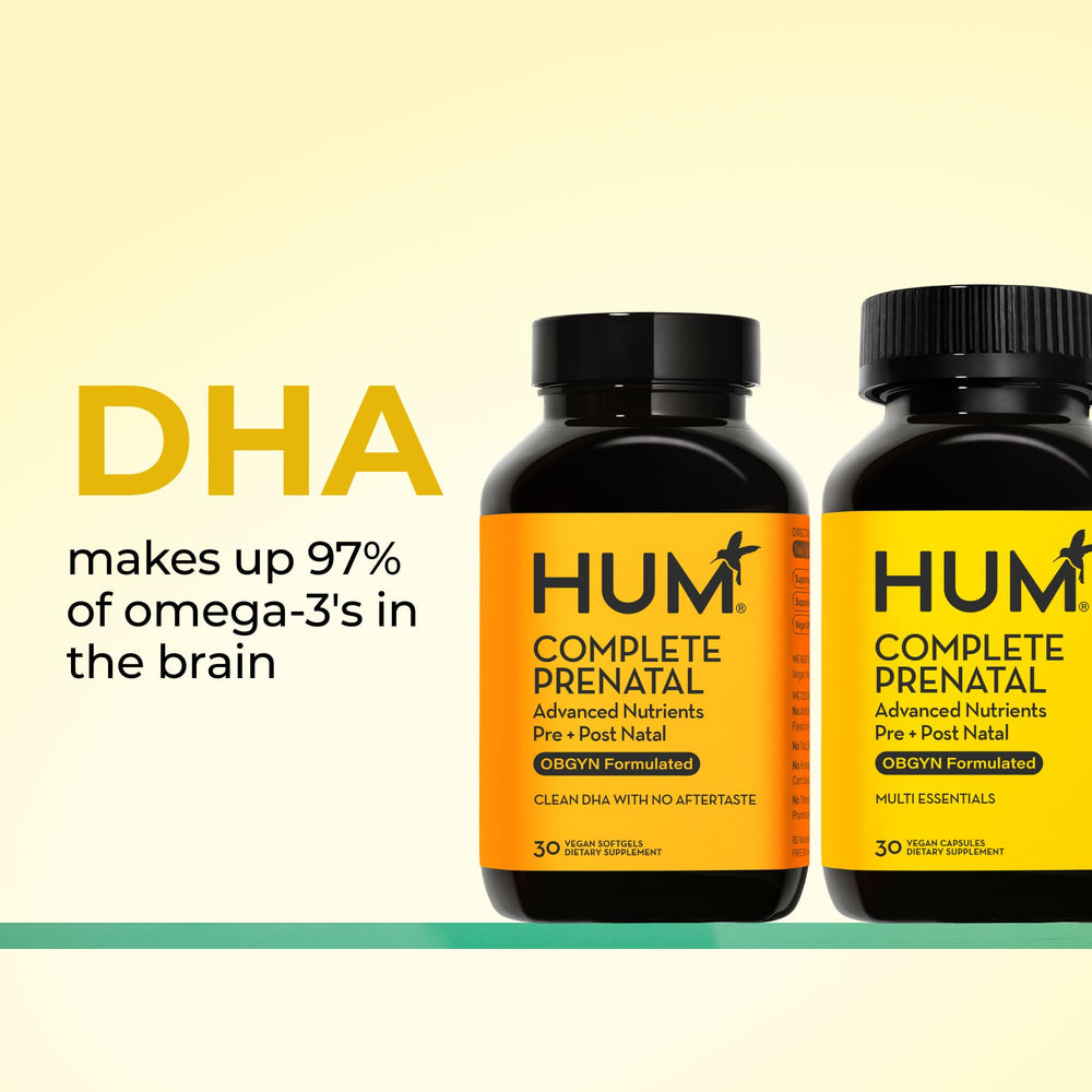 HUM Complete Prenatal DHA softgel highlighting plant-based omega-3 support.