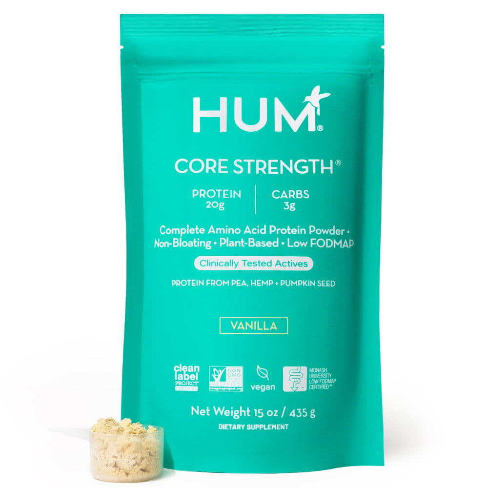 Hum Core Strength vanilla bottle showing plant-based protein for an active, gut-friendly routine.