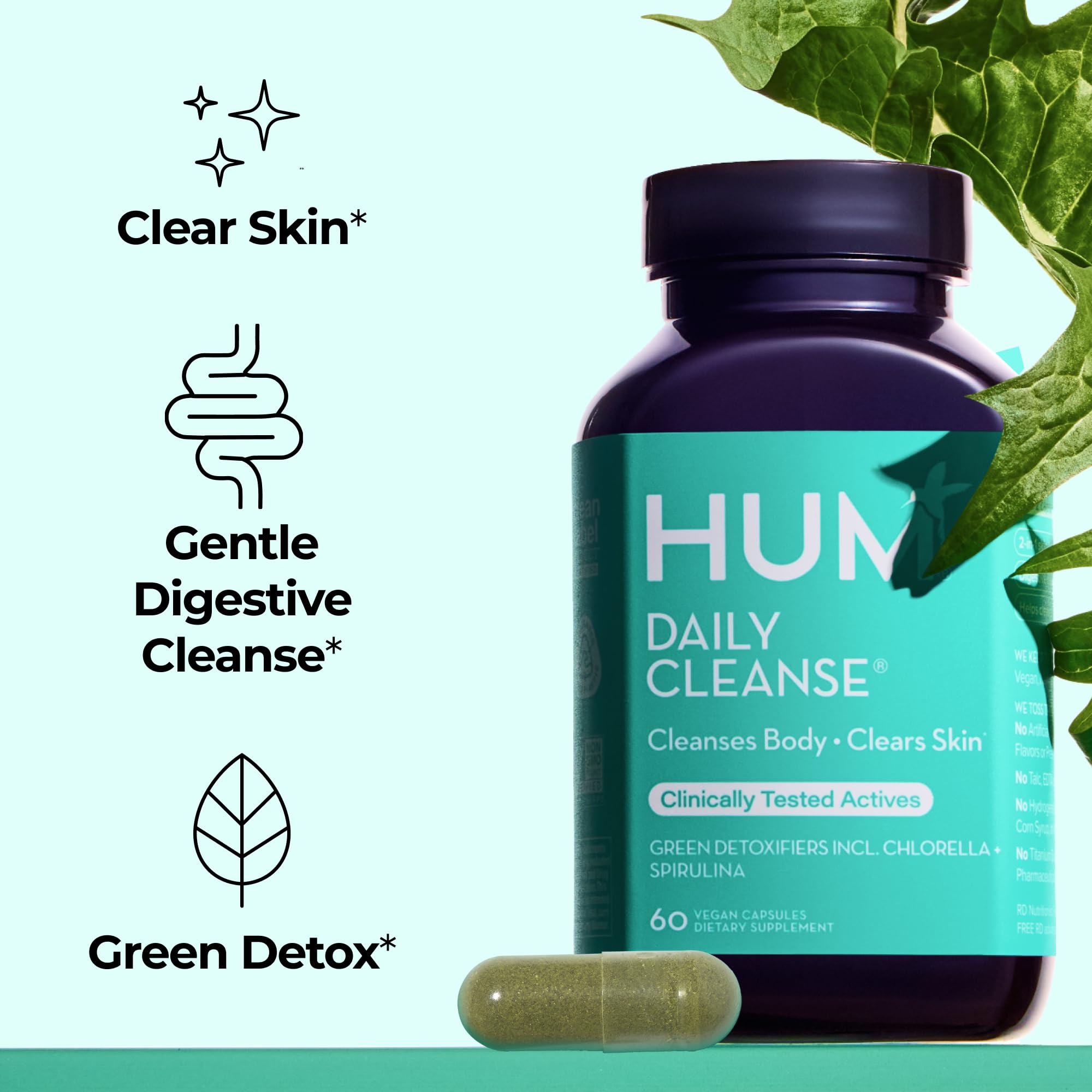 HUM Daily Cleanse bottle back label details organic ingredients and benefits.