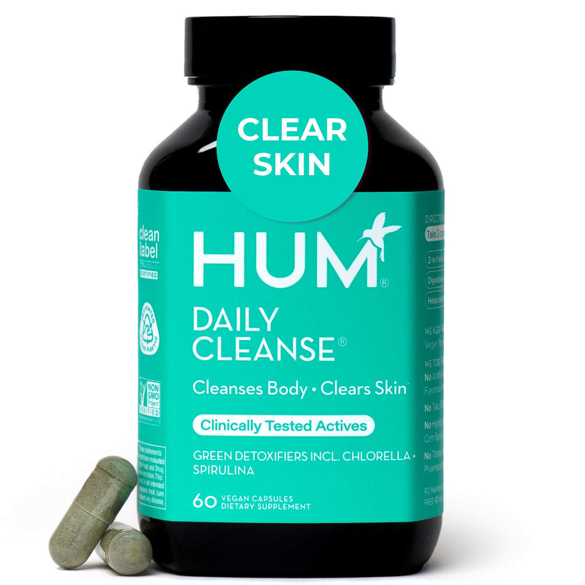 HUM Daily Cleanse bottle front showing vegan, gentle detox formula.