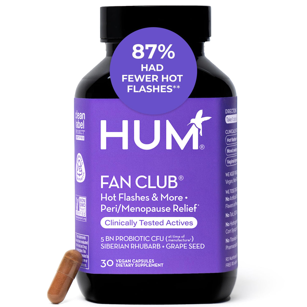 Hum Fan Club Probiotic bottle front promotes daily energy support and non-hormonal menopause relief.