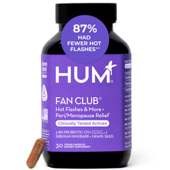 Hum Fan Club Probiotic bottle front promotes daily energy support and non-hormonal menopause relief.