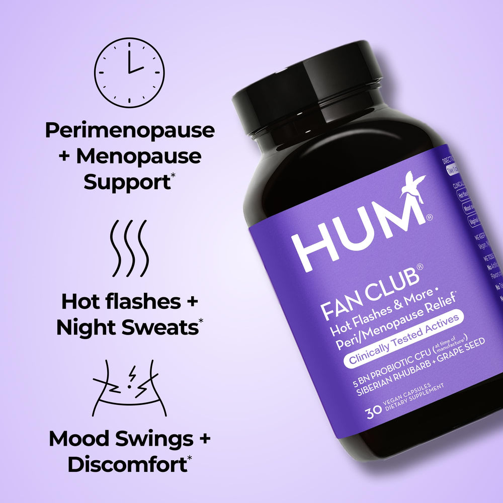 Hum Fan Club Probiotic bottle label detail highlights estrogen-free formula and key botanicals for comfort.