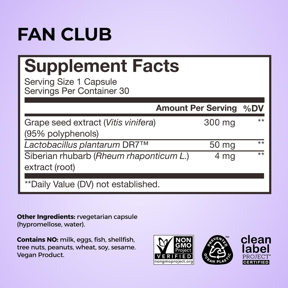 Grape seed extract and probiotic blend in Hum Fan Club Probiotic ingredients support gut balance and energy.
