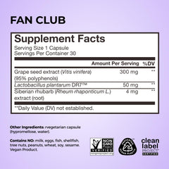 Grape seed extract and probiotic blend in Hum Fan Club Probiotic ingredients support gut balance and energy.