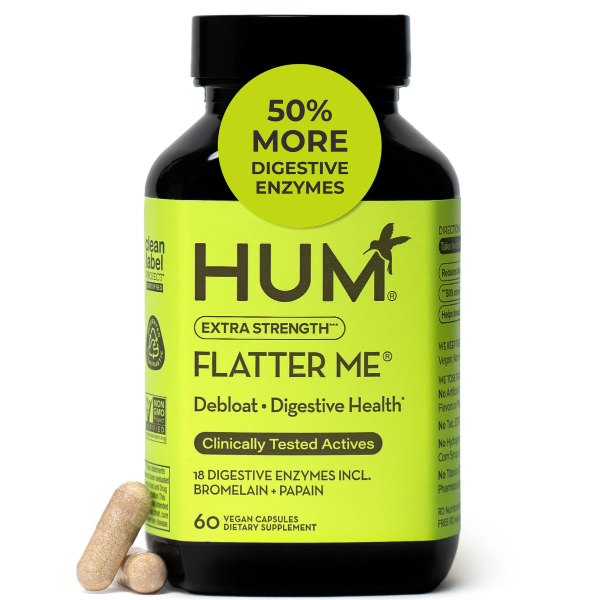 HUM Flatter Me bottle front showing fast-acting digestive support.