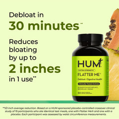 HUM Flatter Me capsules with water illustrating easy, fast-acting bloating relief.