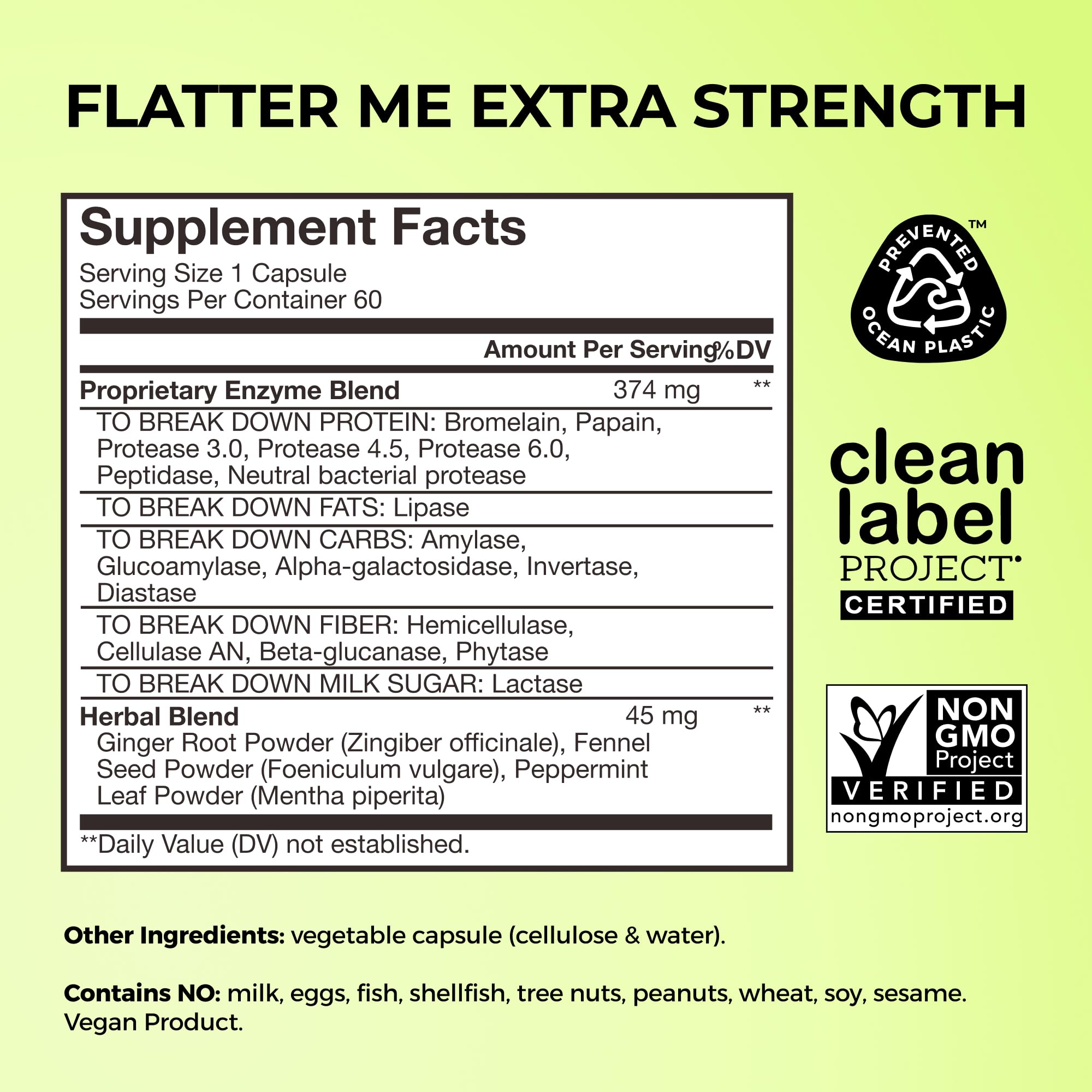 HUM Flatter Me capsules closeup highlighting full-spectrum enzymes for digestion.