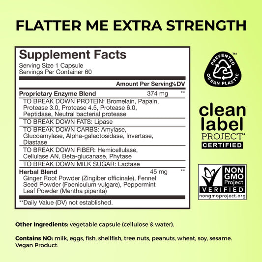 HUM Flatter Me capsules closeup highlighting full-spectrum enzymes for digestion.