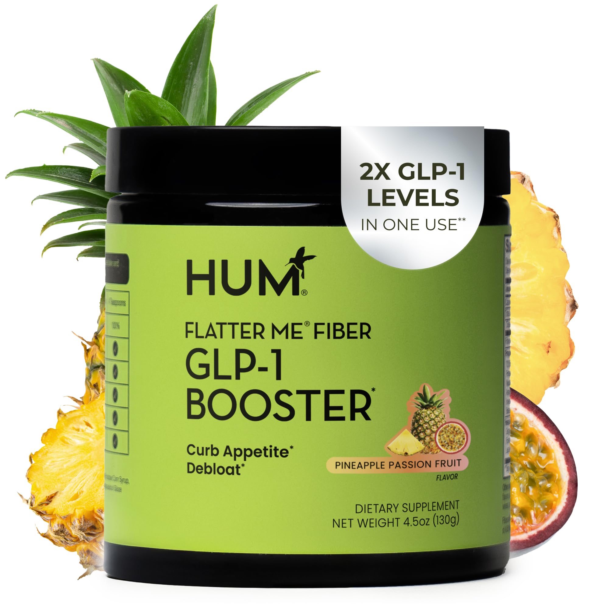 HUM Flatter Me Fiber GLP-1 Booster bottle front, supports appetite control and digestion.