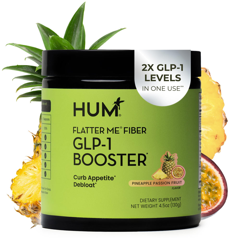 HUM Flatter Me Fiber GLP-1 Booster bottle front, supports appetite control and digestion.