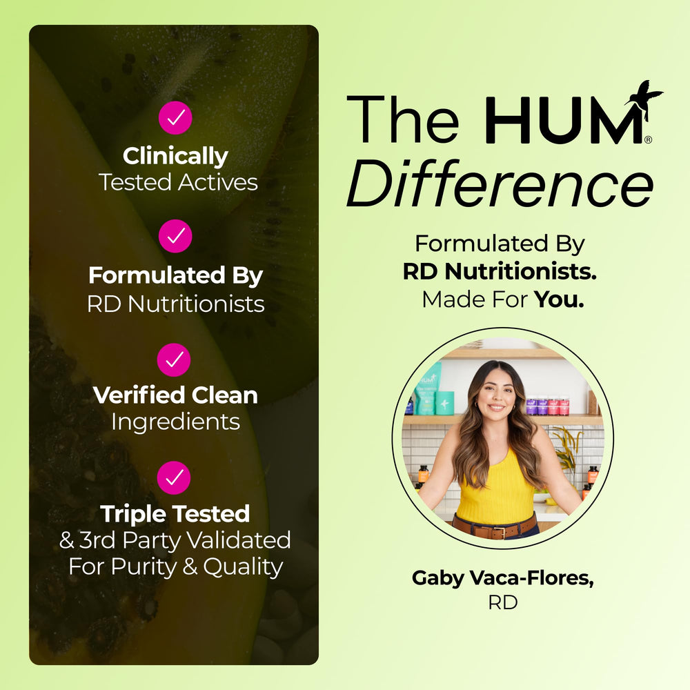 Hum Flatter Me fiber powder packaging front emphasizing strawberry lemon flavor and convenience