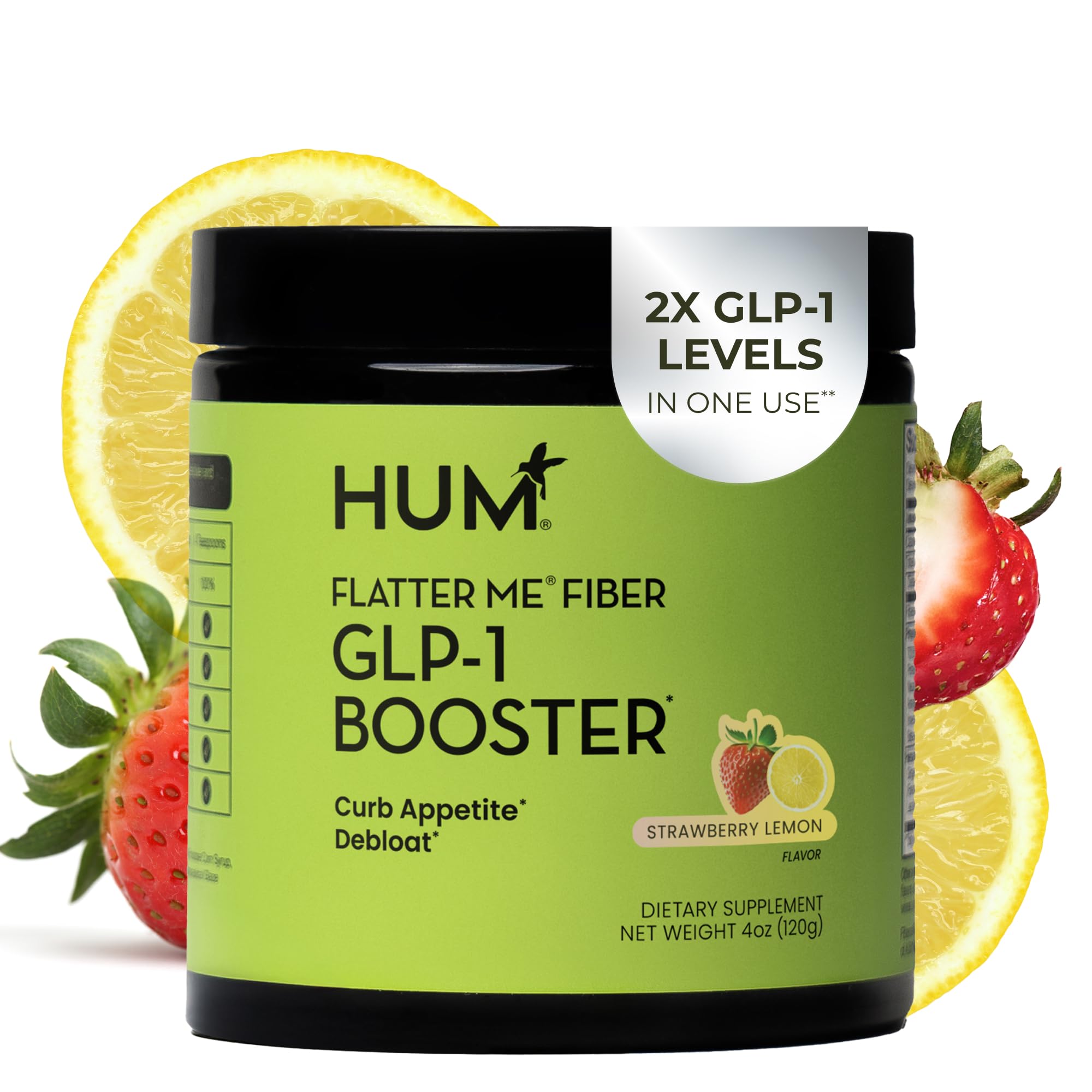 Hum Flatter Me fiber powder tub label showing strawberry lemon flavor and benefits for digestion