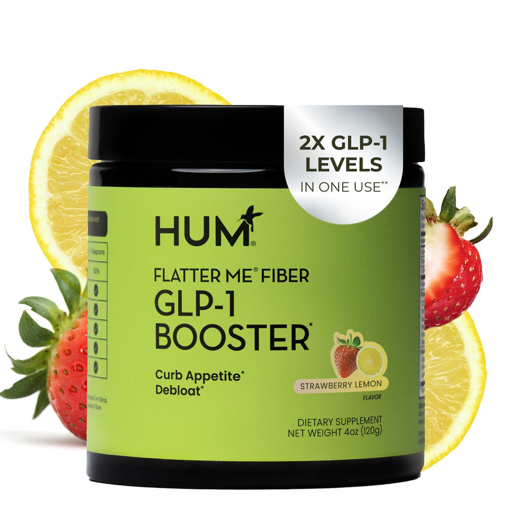 Hum Flatter Me fiber powder tub label showing strawberry lemon flavor and benefits for digestion