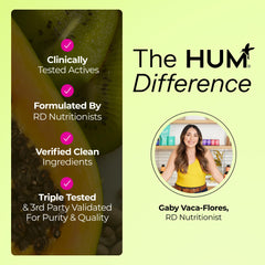 HUM Flatter Me vegan capsule bottle reflecting plant-based formula