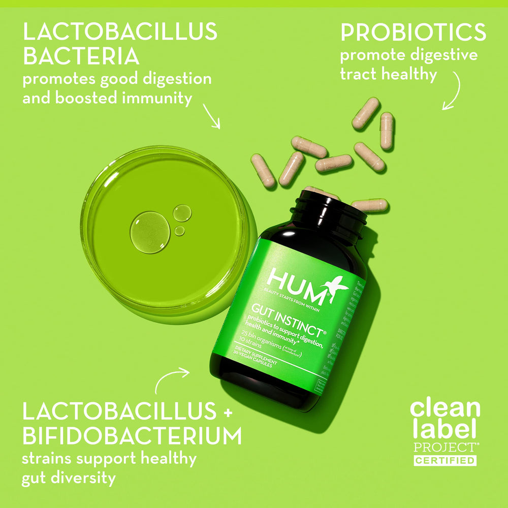 HUM Gut Instinct bottle cap emphasizing 10 strains for a balanced microbiome.