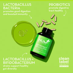 HUM Gut Instinct bottle cap emphasizing 10 strains for a balanced microbiome.