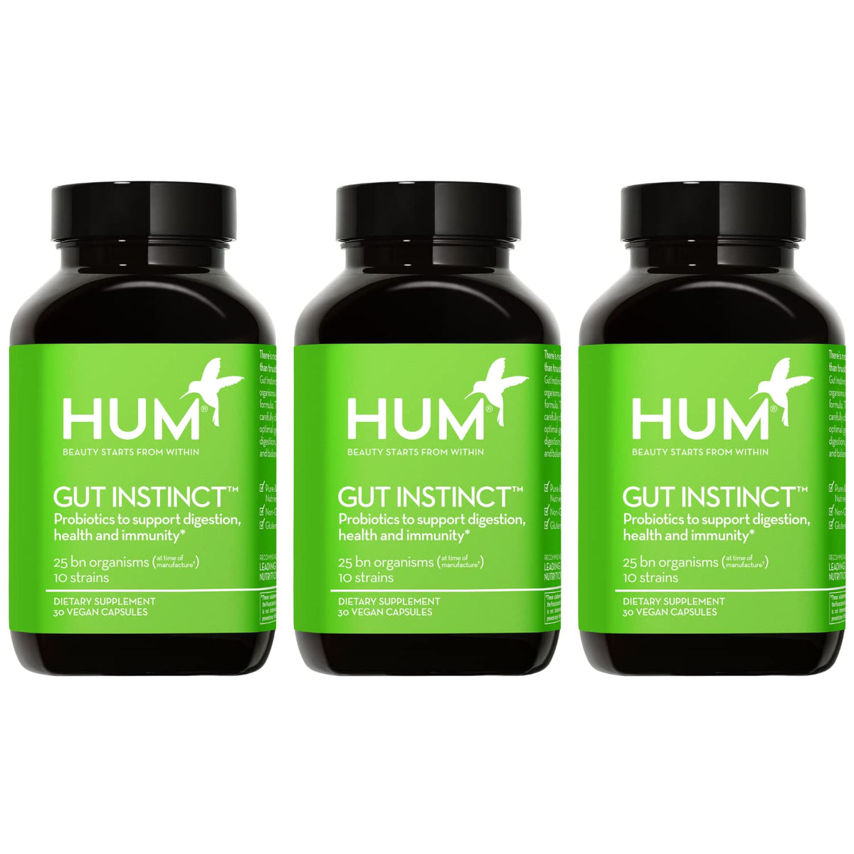 HUM Gut Instinct bottle front highlighting 25B CFU probiotic blend for daily gut health.