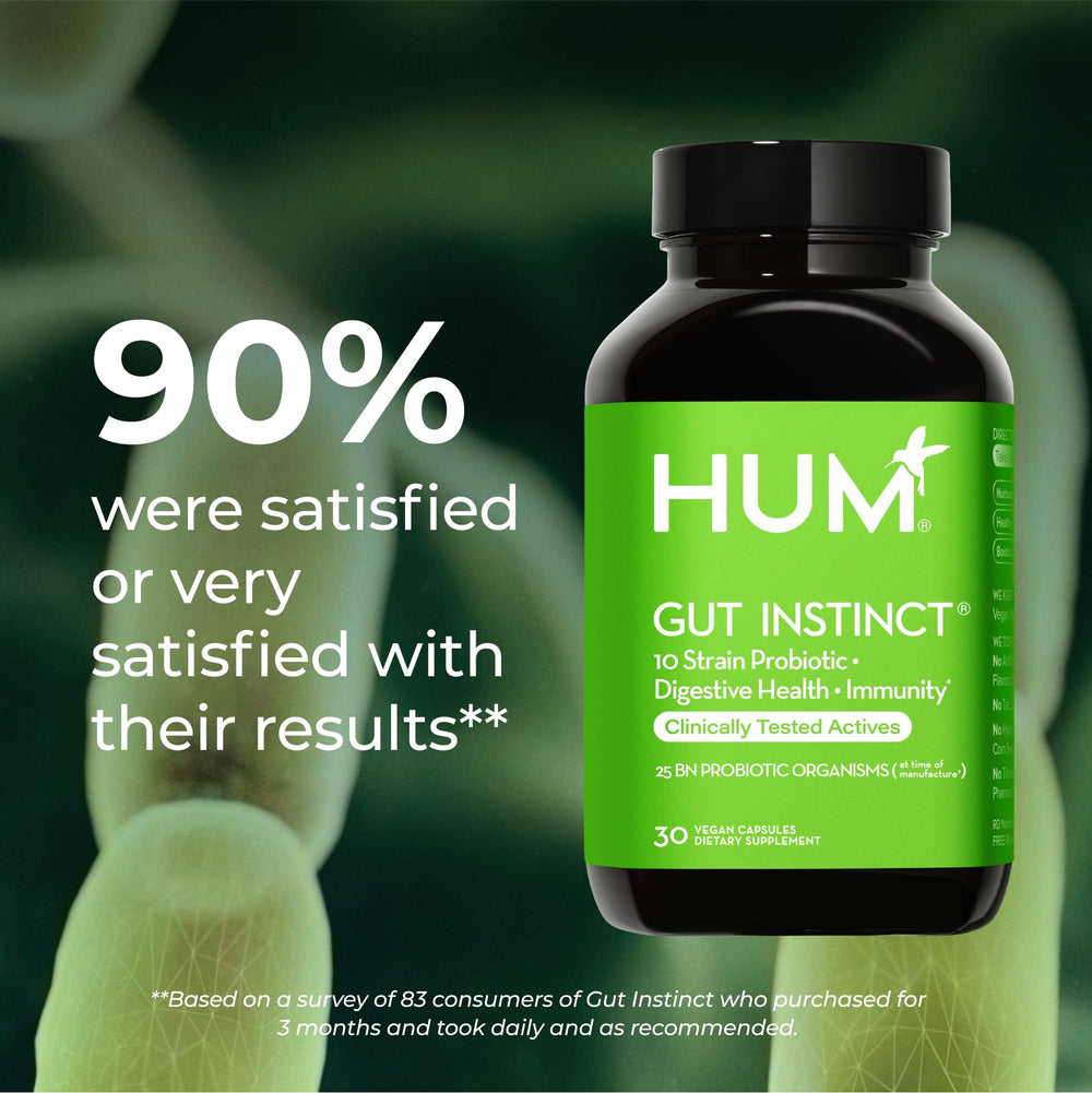 HUM Gut Instinct bottle on shelf signaling a vegan, clean-label probiotic option.