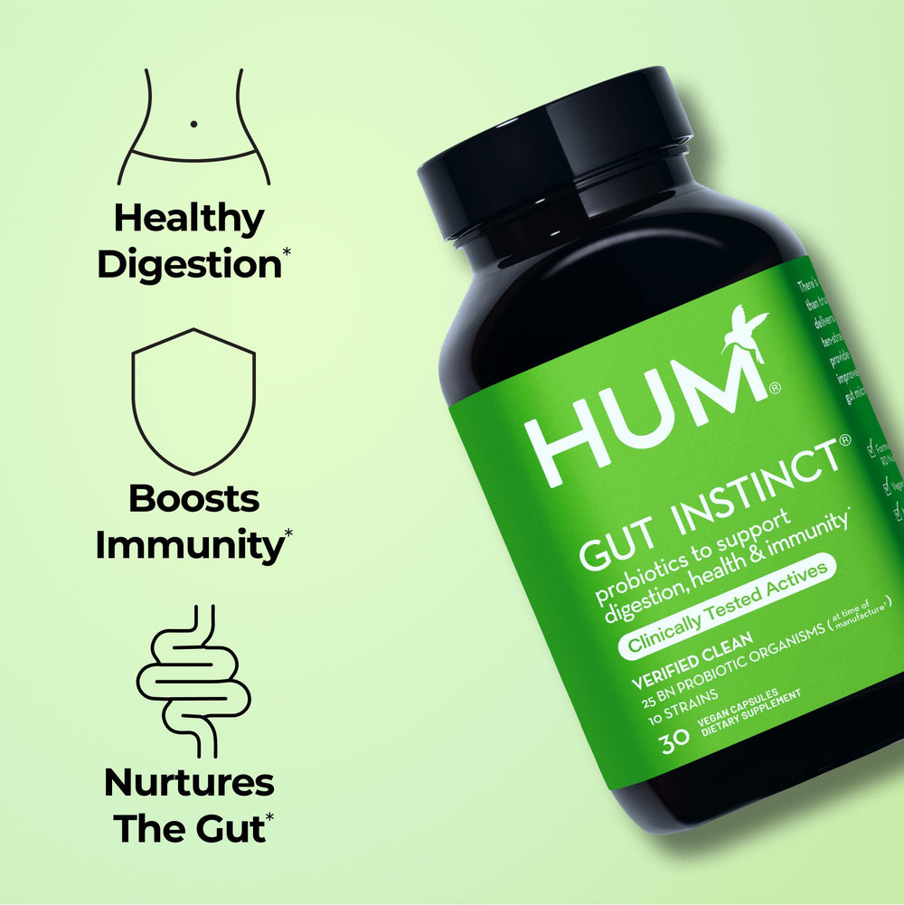 HUM Gut Instinct capsules closeup highlighting the 25B CFU probiotic blend.