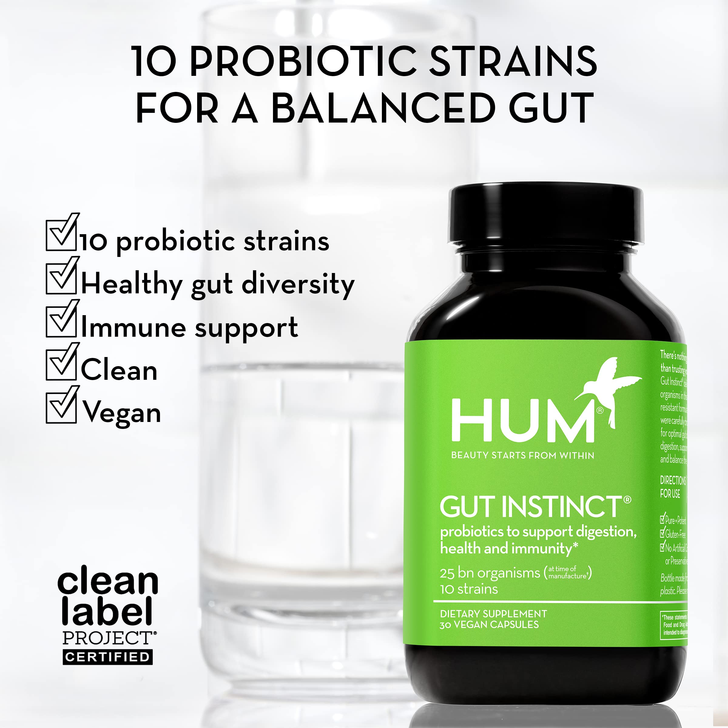 HUM Gut Instinct label with Clean Label Project badge and purity assurance.