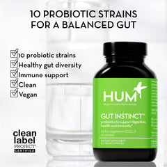 HUM Gut Instinct label with Clean Label Project badge and purity assurance.