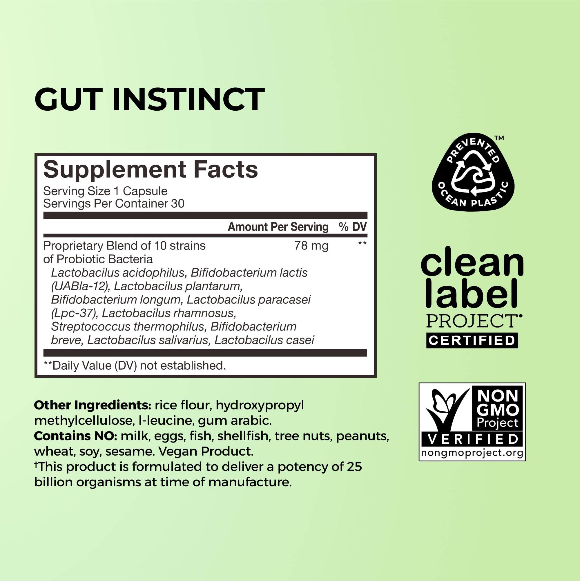 HUM Gut Instinct ten-strain blend highlights diverse bacteria for balanced gut microbiome.