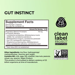 HUM Gut Instinct ten-strain blend highlights diverse bacteria for balanced gut microbiome.