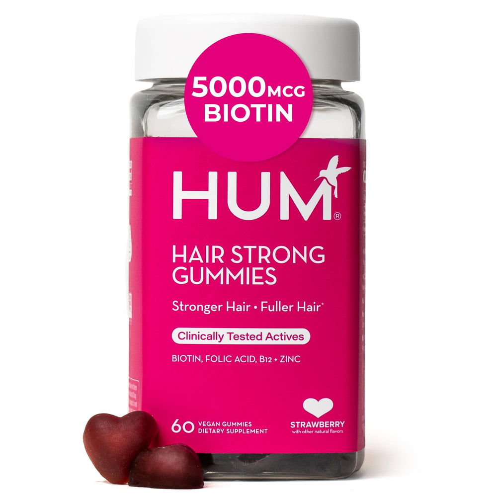 HUM Hair Strong gummies bottle front view offering convenient daily hair support.