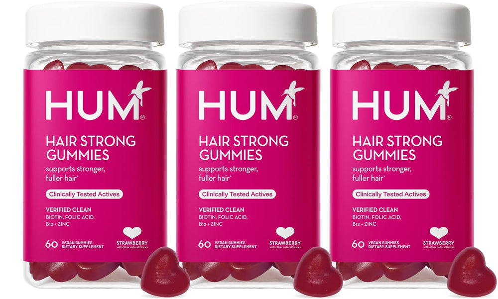 HUM Hair Strong Gummies bottle front for daily hair support in a simple routine.