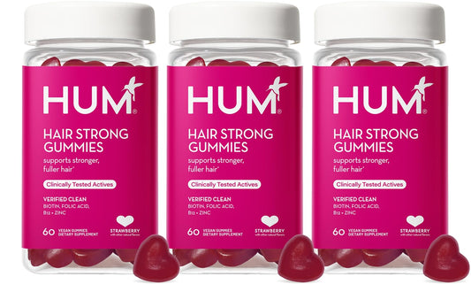 HUM Hair Strong Gummies bottle front for daily hair support in a simple routine.