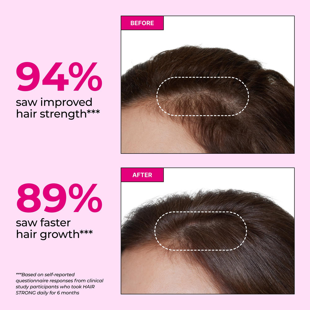 HUM Hair Strong bottle with ingredients panel shows biotin and zinc benefits.