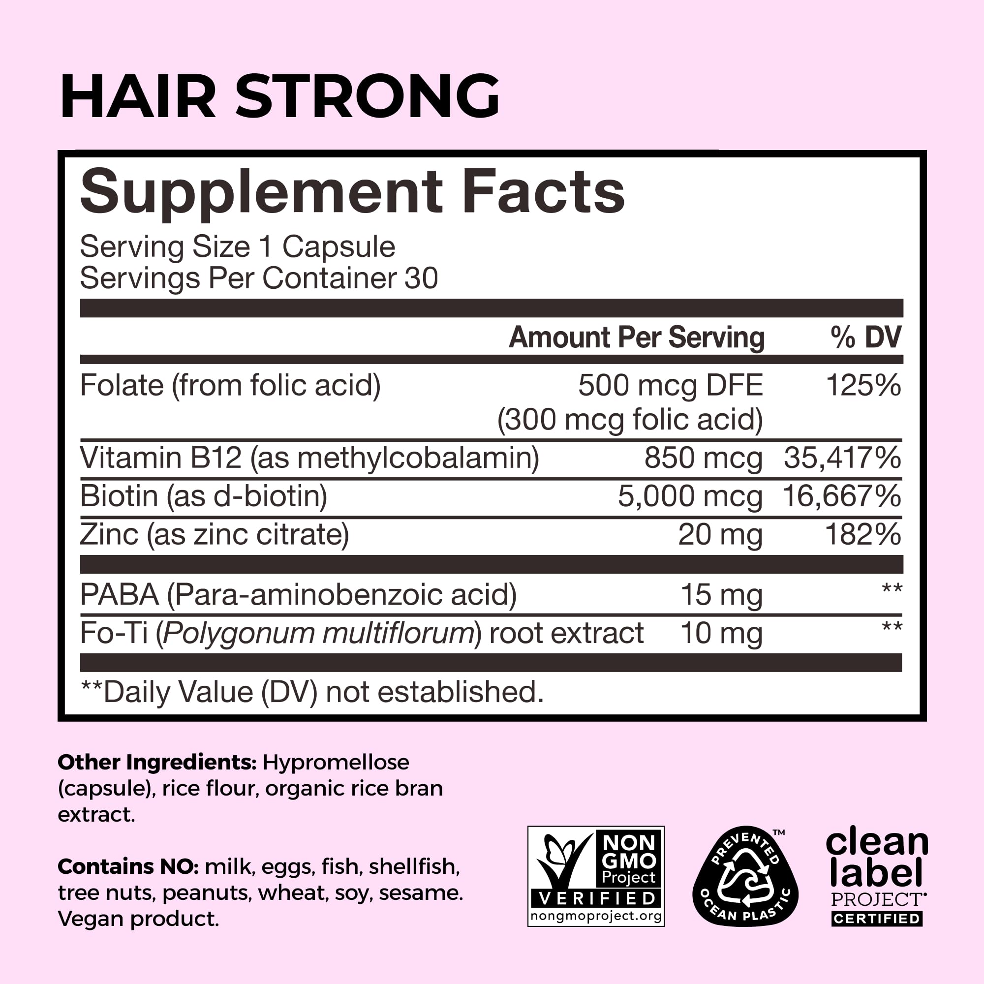HUM Hair Strong non-GMO vegan capsules emphasize clean, safe formula.