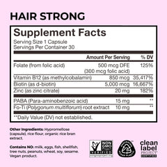HUM Hair Strong non-GMO vegan capsules emphasize clean, safe formula.