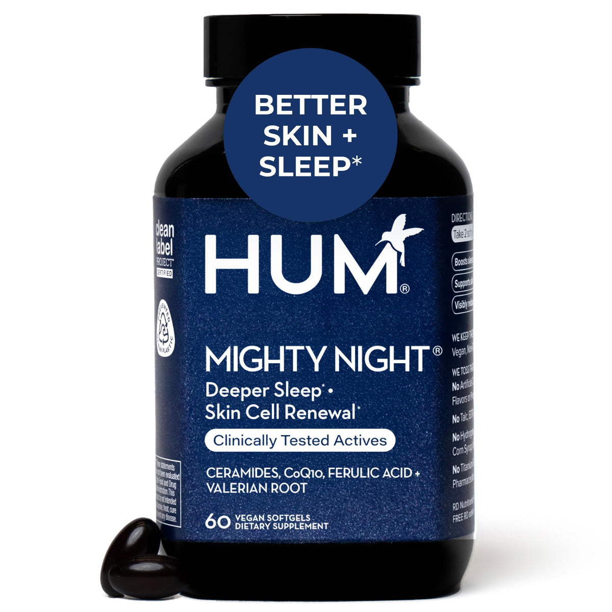 HUM Mighty Night bottle closeup showing skin-supporting softgels.