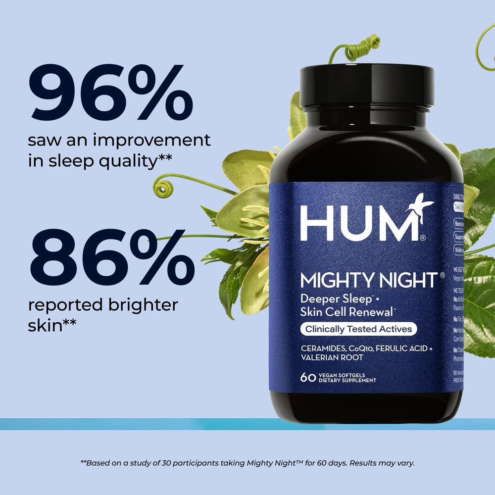 HUM Mighty Night ferulic acid and CoQ10 emphasize antioxidant skincare.