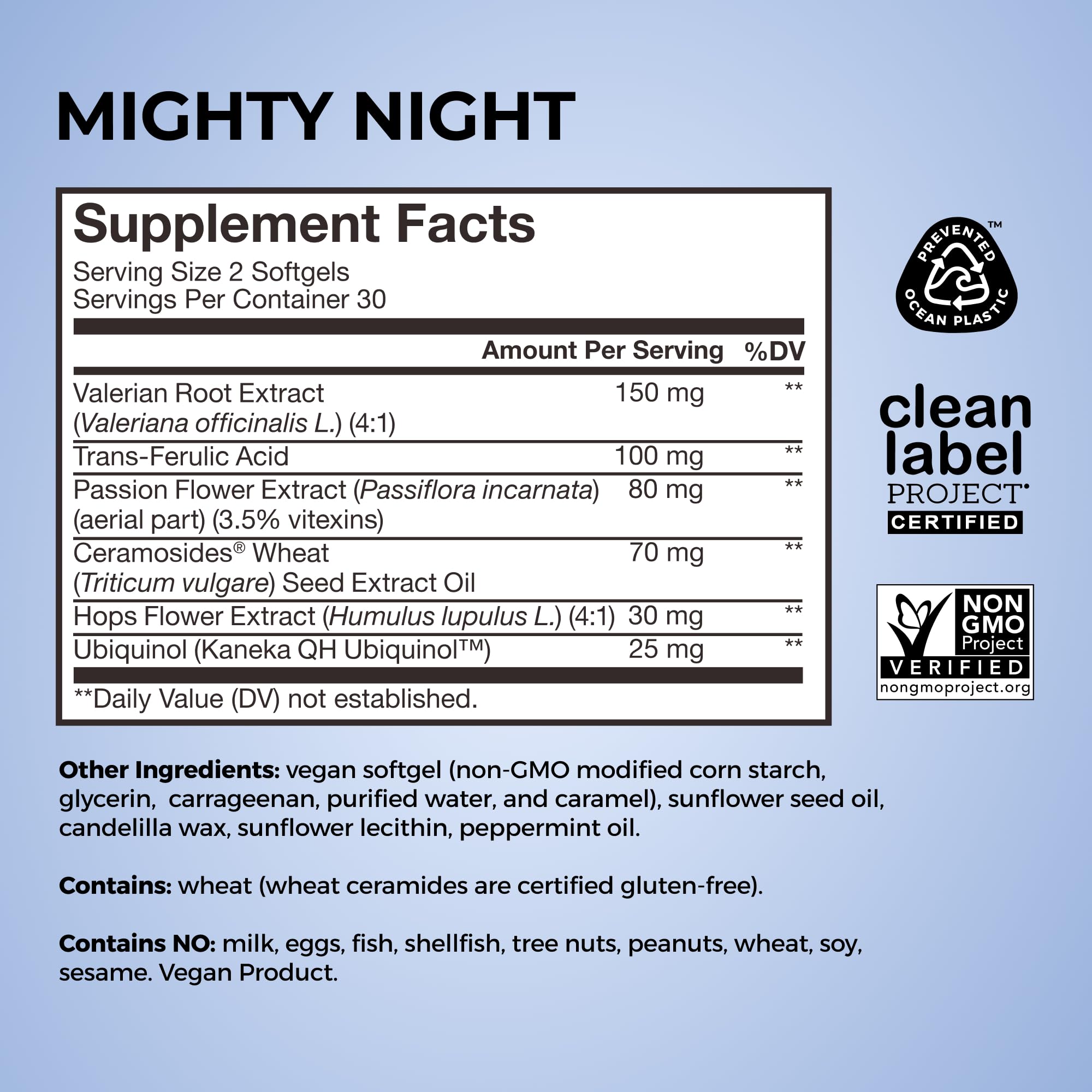 HUM Mighty Night sleep-support label signals clean, vegan ingredients.